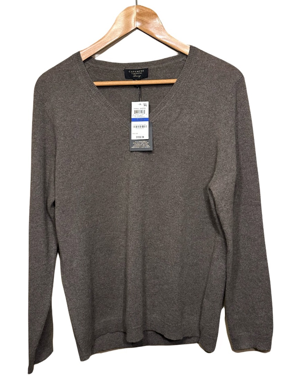 Charter Club Luxury 100% Cashmere V-Neck Sweater NWT Heather Mocha XL